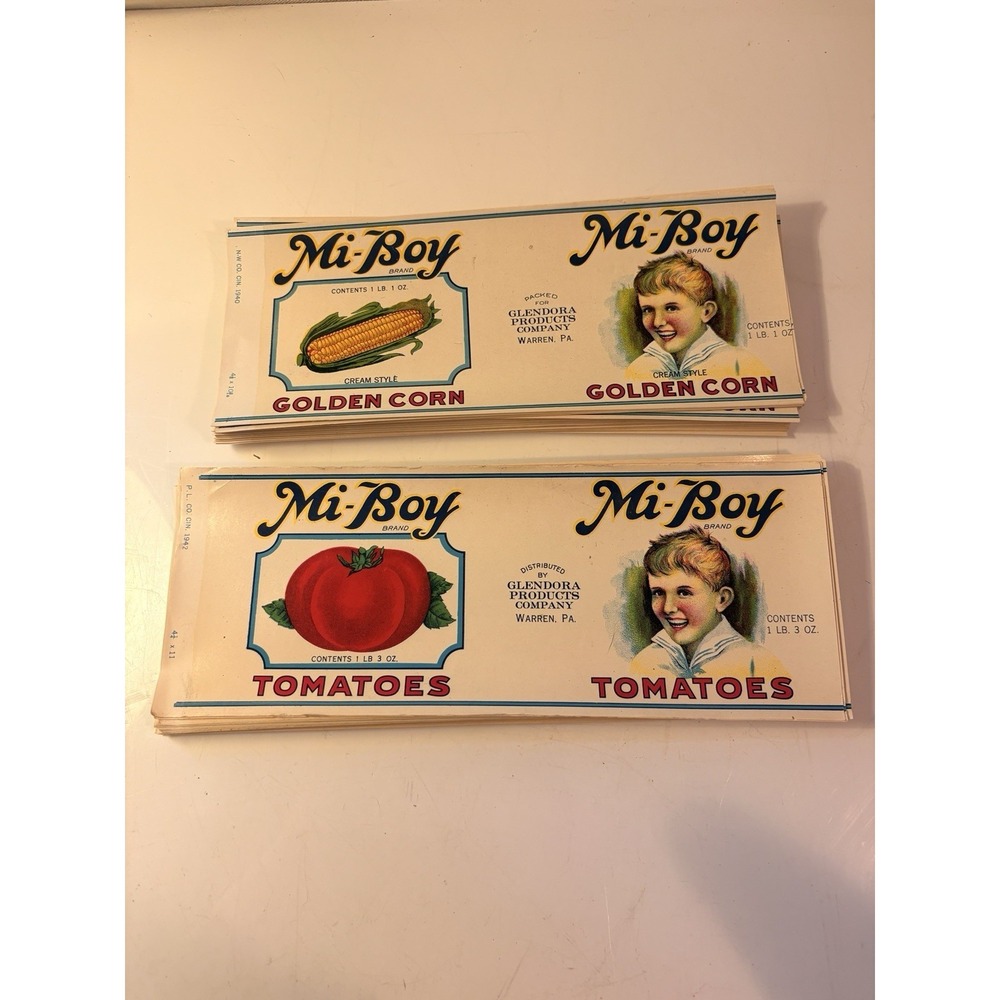 Vintage Mi-Boy Can Labels Lot Tomato Golden Corn Glendora Warren PA NOS 1930s